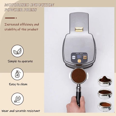 Level Up Your Daily Roast With This Slick 58mm Automatic Espresso Tamper Featuring Adjustable Pressure And Depth Controls For Always On Point Extraction, showing a motorized induction powder press with grounds.
