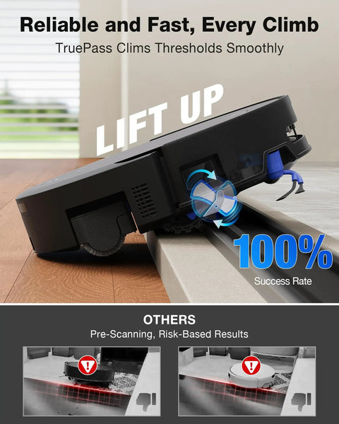 Side view of T90 Pro Omni Robot Vacuum And Mop With 30,000Pa Suction navigating a threshold with AI obstacle avoidance.