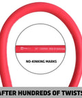 Red Heavy Duty Rubber Air Hose With Solid Brass 1/4 Inch Mnpt Ball Swivel And Fnpt Ends 300 Psi High Pressure Lead In Line 3/8 By 30 Inch For Air Compressors Garage Ready Beefy Build showing no-kinking marks.
