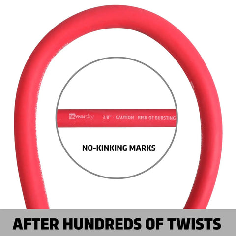 Red Heavy Duty Rubber Air Hose With Solid Brass 1/4 Inch Mnpt Ball Swivel And Fnpt Ends 300 Psi High Pressure Lead In Line 3/8 By 30 Inch For Air Compressors Garage Ready Beefy Build showing no-kinking marks.