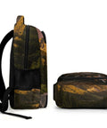 Golden Hour Creek Printed Unisex Backpack side view with forest design, durable polyester, large capacity for school travel hiking.