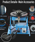 Automatic Rotary Welding Positioner Rock Solid Cast Iron Base Built Tough Smooth Operator showing 20W motor, power controls, and foot pedal.