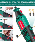 Do-It-All 180W Rotary Tool Kit With Flex Shaft, showing carbon brush replacement steps