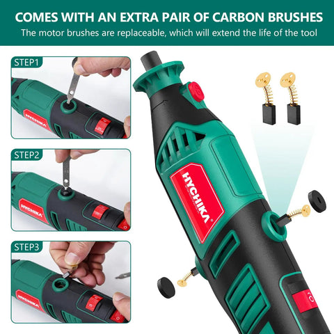 Do-It-All 180W Rotary Tool Kit With Flex Shaft, showing carbon brush replacement steps