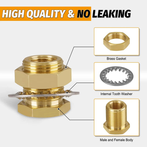 2 Pack Solid Brass Bulkhead Fittings 3/8 NPT Taper Female To 1 Inch Straight Male Connector With Metal Wave Ring 1.32 Inch Length