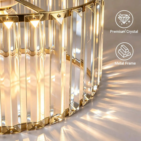 Close-up of Brushed Gold Crystal Pendant Light With Adjustable Rods And Sloped Ceiling Mount showing metal frame and crystal design.