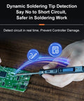 Person using Programmable PD DC Soldering Iron Kit Mini Portable Station, OLED display showing 300°C, on a circuit board.