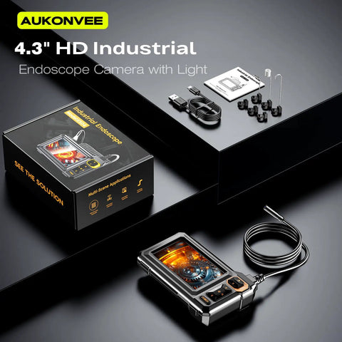 Boss HD Endoscope Camera With Light 1920P Borescope and accessories on display with 4.3-inch screen and coiled cable.