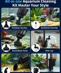 All in One 6 in 1 Electric Gravel Vacuum for Aquariums, Auto Water Change, Sand Washing, Water Circulation, Includes Reusable Filter Cup and Hose Clamp, 370GPH 22W Fish Tank Cleaner, black pump