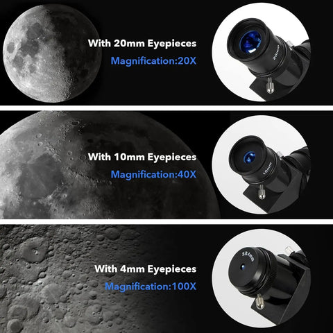 Details of Awesome High Powered 70mm Refractor Telescope With 400mm Focal Length for Beginners and Adults showing eyepieces and zoom.