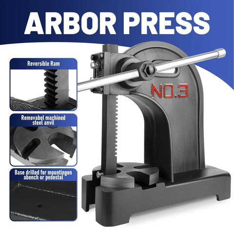 Heavy Duty Arbor Press 3 Ton Capacity With Solid Steel Anvil Plate for various tasks, showcasing the reversible ram and sturdy base.