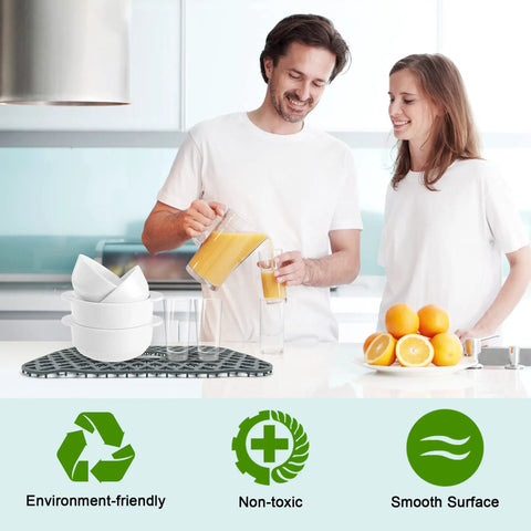 Couple using All Purpose Silicone Sink Mat Protector For Bottom Of Kitchen Sink 19x13 Center Drain Flexible Drying Dish Mat.