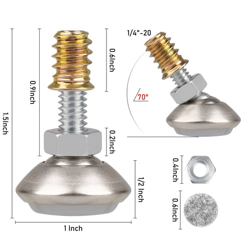 Swivel Leveling Feet For Furniture With No Wobble, Easy Install, Adjustable Height From Half Inch To One Inch, 80 Lb Per Foot Capacity, Eight Pack, Includes One Quarter Inch Twenty UNC Screws And Felt Pads For Cabinets Tables Chairs And Sofas