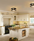Four Pack Dope Black Farmhouse Flush Mount Ceiling Lights With Two Light Rustic Industrial Ceiling Fixtures installed in kitchen