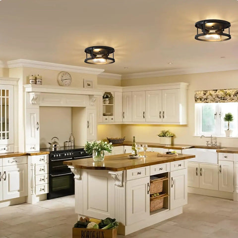 Four Pack Dope Black Farmhouse Flush Mount Ceiling Lights With Two Light Rustic Industrial Ceiling Fixtures installed in kitchen