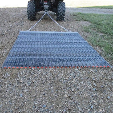 Ultra Heavy Duty ATV UTV Field Surface Leveling Drag Mat with zinc and steel build in use, showing galvanized mesh for yard work.