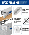 Bi-Fold Door Top Roller Hardware Kit With Spring Loaded Pivots And Guide Wheels For Closet Folding Shower Pocket And Accordion Doors DIY Replacement Parts, showing durable construction and varied sizes.