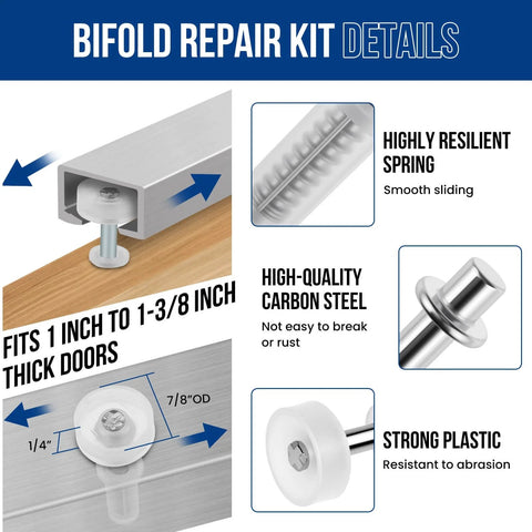 Bi-Fold Door Top Roller Hardware Kit With Spring Loaded Pivots And Guide Wheels For Closet Folding Shower Pocket And Accordion Doors DIY Replacement Parts, showing durable construction and varied sizes.