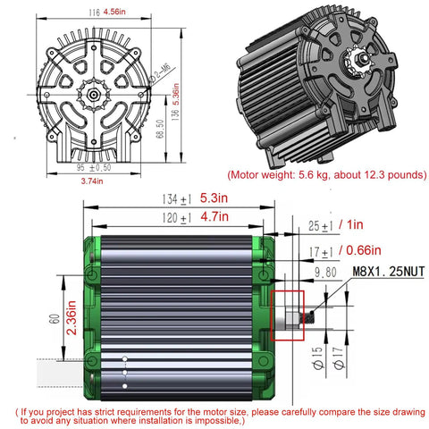 Technical diagram of Beefy 72V 5000W Brushless DC Motor showing dimensions and structure for electric scooters and go-karts.