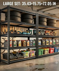 Heavy Duty 5 Tier Bolt Free Storage Shelving Rack 2 Pack Quick Snap Metal Shelves with tools, tires, and storage bins in garage.