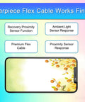 Diagram of an iPhone 14 Pro Max with labels for earpiece flex cable, proximity, and ambient light sensor features.