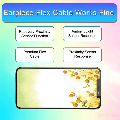 Diagram of an iPhone 14 Pro Max with labels for earpiece flex cable, proximity, and ambient light sensor features.