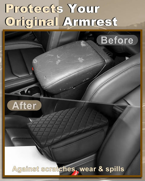 Before and after of Armrest Cover For Jeep Wrangler JL Center Console Pad With Organizer Pockets Black Faux Leather Arm Rest Lid Cushion