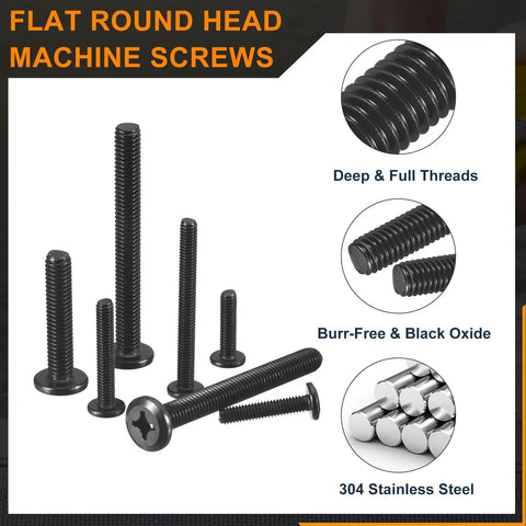 Twenty Pack M4 X 12Mm Flat Round Head Machine Screws With Phillips Drive for furniture hardware, black oxide, stainless steel fasteners.