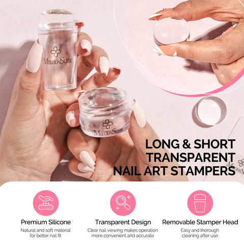Hands holding French Nail Stamper Kit With Upgraded Secure Fit Silicone Stampers and Scrapers for French Tips DIY Nail Art