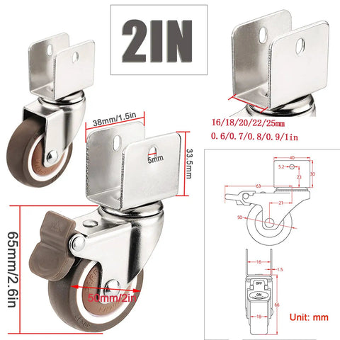 No Hassle 2 Inch TPE Rubber Caster Wheels With Quiet Swivel Casters And Secure Safety Brakes Rock Solid U Bracket Fit For Baby Beds Handles Big Loads Easy 4 Pack Smooth showing dimensions and features.