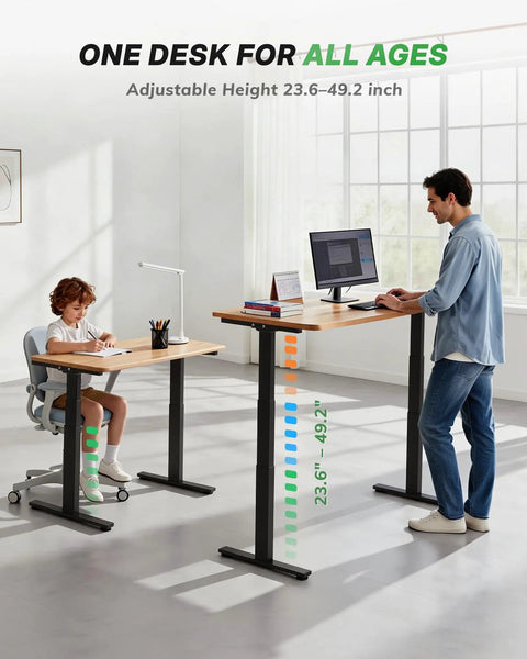 Child and adult using Dual Motor 3-Stage Standing Desk Frame With Electric Height Adjustment, Sit Stand DIY Desk Legs