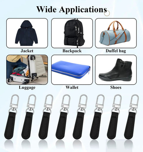 Leather Zipper Pulls Kit With Detachable Leather Handles 8 Pack Repair Tabs for bags, jackets, luggage and backpacks shown below.