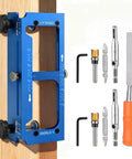 Aluminum Alloy Door Hinge Jig Adjustable Router Template Kit With File Fits Two Point Five Inch Hinges Radius And Square Corner Hinges Compatible With Quarter Inch And Five Eighth Inch Radius And Square Corner Blue, set on a wooden door frame with included tools and accessories