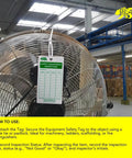 Safety Equipment Inspection Notice for Hazard and Accident Prevention Tags attached to a large industrial fan in warehouse