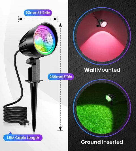 15W RGBW Outdoor Landscape Lights Kit With Remote Control IP66 Pathway Flood Lights for yard, wall mounted and ground inserted.