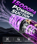 Illustration showing the 15000Pa suction power of the cordless handheld vacuum with neon swirl effect and icons.