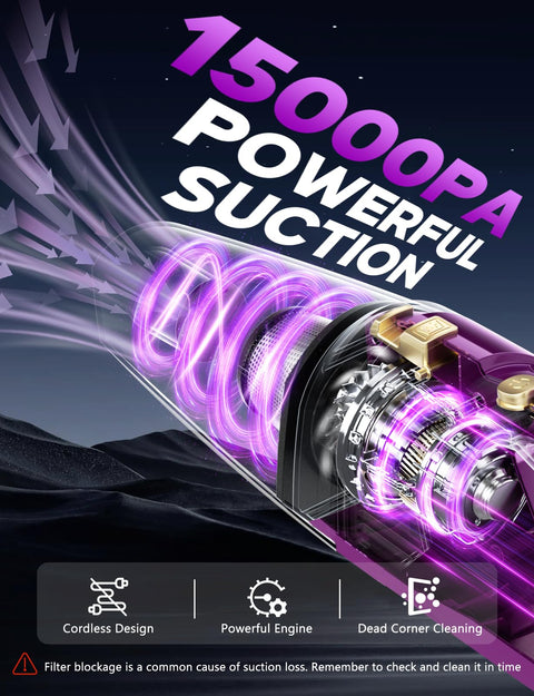 Illustration showing the 15000Pa suction power of the cordless handheld vacuum with neon swirl effect and icons.