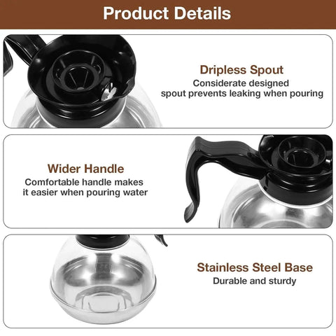 Universal Coffee Pot Replacement Carafe with Tight Fit Spout and Black Grip for Commercial and Home Use