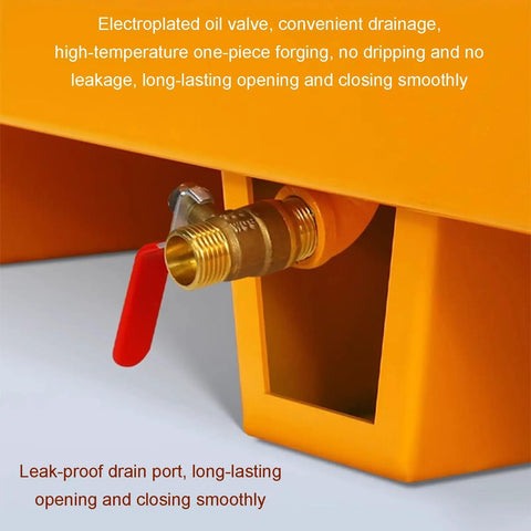 Leakproof Spill Containment Pallet With Drain For Garage And Warehouse Durable Metal Tray Size 125 By 65 By 15 Cm yellow drain valve close-up