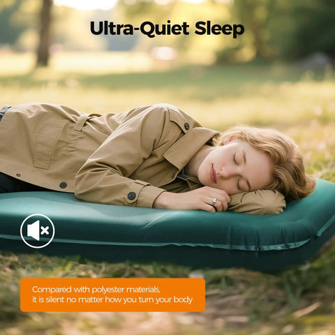 Person sleeping on Self Inflating Sleeping Pad With Electric Pump For No Fuss Quick Setup 3.15 Inch Memory Foam Camping Pad R Value 9.5