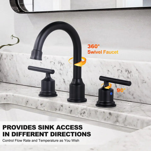 Two Handle Dope Matte Black Bathroom Faucet With Pop Up Drain Widespread 8 Inch Basin Vanity Sink Tap, marble counter