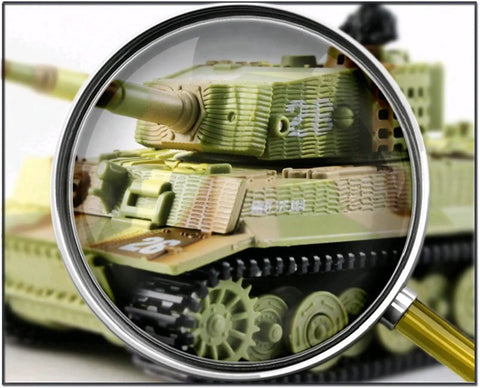 Close-up of German Tiger I Panzer RC Tank 1 72 Scale with Rotating Turret and Firing Sound Effects details under magnifying glass.