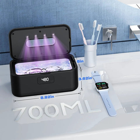 Hella Fresh Ultrasonic Jewelry Cleaner With Smooth 50 Khz Uv Tech 24 Oz Stainless Tank Digital Timer Gives Tight Results For Rings Glasses Watches Dentures Daily in black with glasses inside.