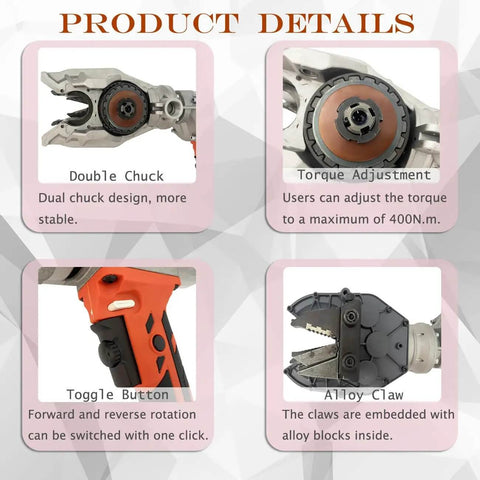 Heavy Duty Electric Rebar Threading Wrench With Dual Chuck Design Portable 110V 2600W features torque adjustment and alloy claw details.
