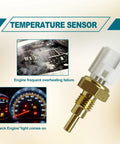 Engine coolant temperature sensor; front view showing brass threaded probe and white plastic connector.