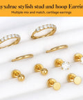 Hypoallergenic Flat Back Earrings Set For Women And Men With Multiple Piercings, 14K Gold Vacuum Plated 316L Stainless Steel Tiny Cubic Zirconia Studs And Cartilage Hoop Earrings, Unisex Gold CZ Hoop Plus Flat Back Stud shown with hoops and studs