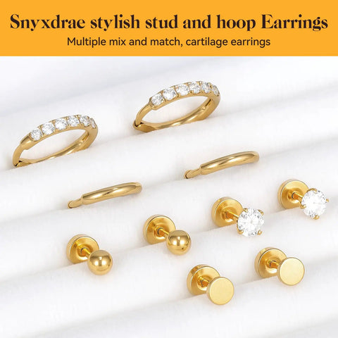 Hypoallergenic Flat Back Earrings Set For Women And Men With Multiple Piercings, 14K Gold Vacuum Plated 316L Stainless Steel Tiny Cubic Zirconia Studs And Cartilage Hoop Earrings, Unisex Gold CZ Hoop Plus Flat Back Stud shown with hoops and studs