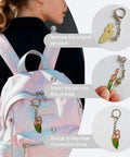 Enamel tulip pin on a metal keychain converter clipped to a pastel backpack