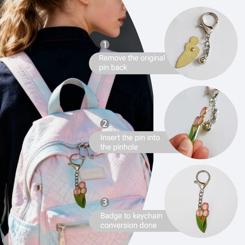 Enamel tulip pin on a metal keychain converter clipped to a pastel backpack