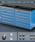 Heavy Duty Rolling Tool Chest With Seven Deep And Shallow Drawers Lockable Mobile Tool Cabinet On Swivel Wheels For Garage Organization showing convertible wheels and foot pads.